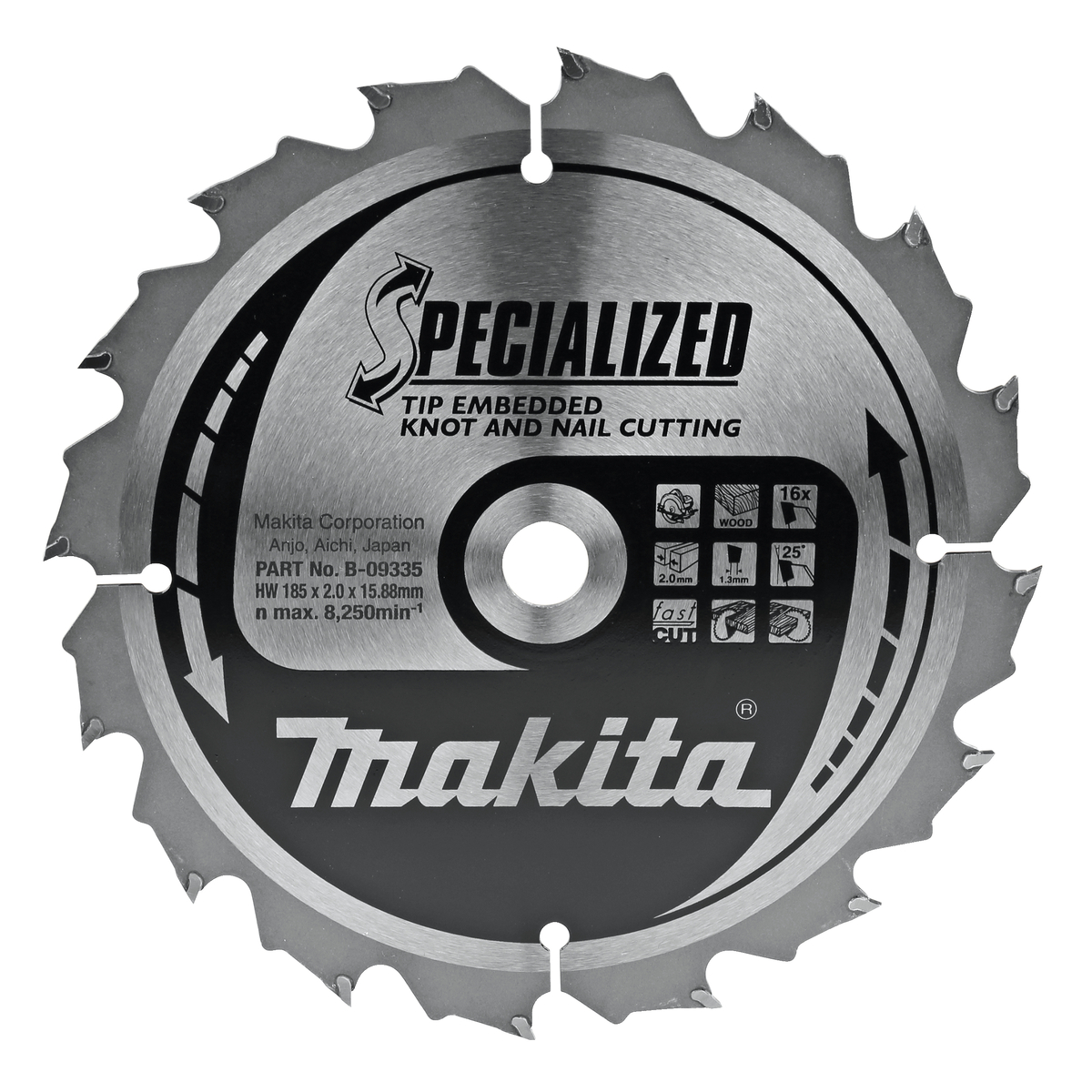 Makita B-09335 Cirkelzaagblad Hout (noest/spijker) | Embedded Tip | 185 x 15,88 mm | 16-tands