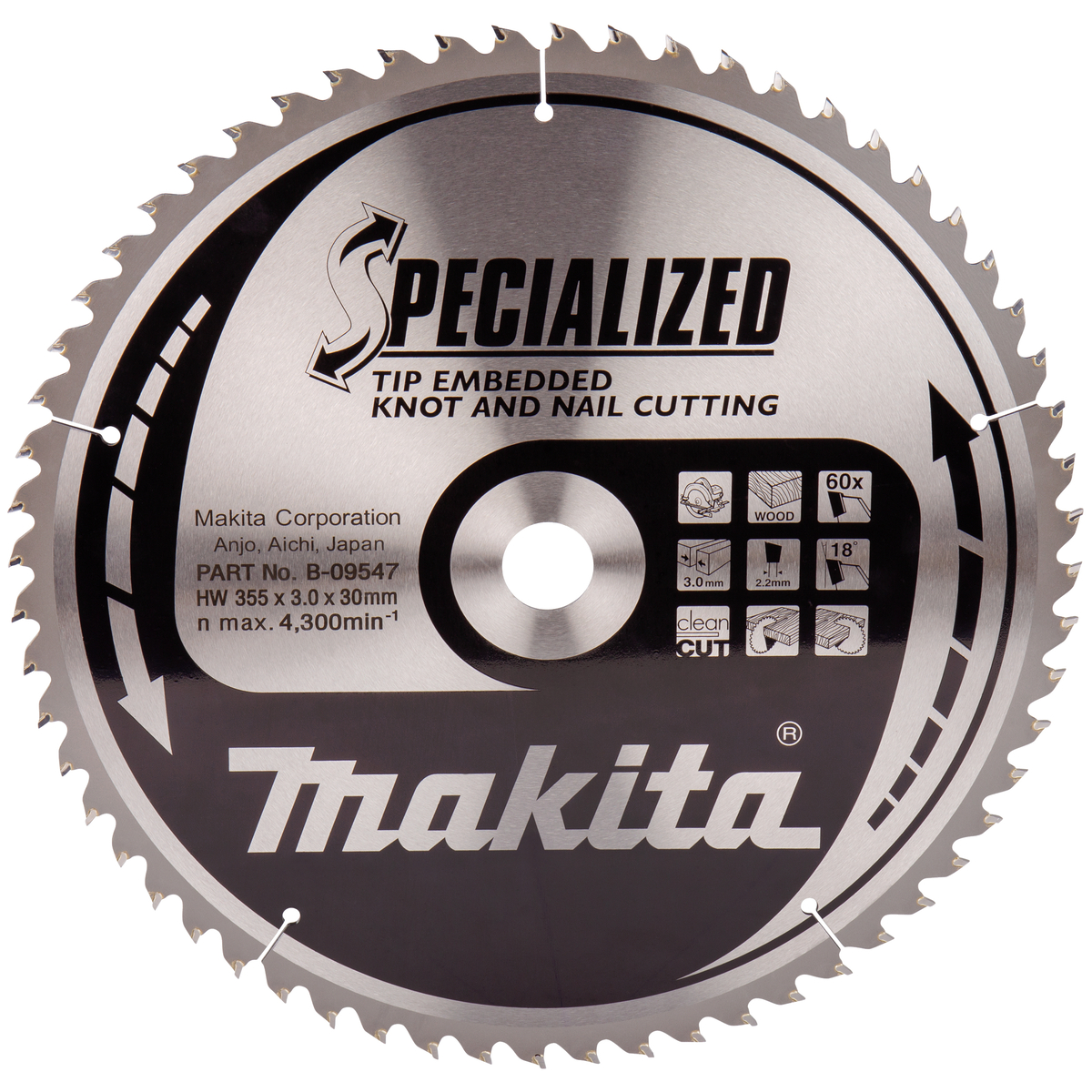 Makita B-09547 Cirkelzaagblad Hout (noest/spijker) | Embedded Tip | 355 x 30 mm | 60-tands