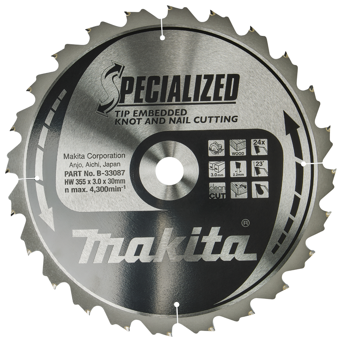 Makita B-33087 Cirkelzaagblad Hout (noest/spijker) | Embedded Tip | 355 x 30 mm | 24-tands