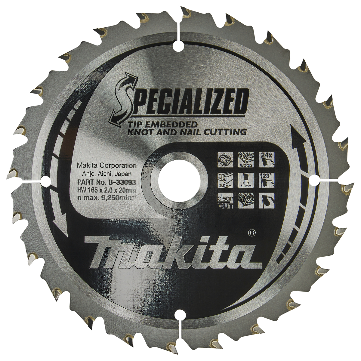 Makita B-33093 Cirkelzaagblad Hout (noest/spijker) | Specialized | 165 x 20 mm | 24-tands