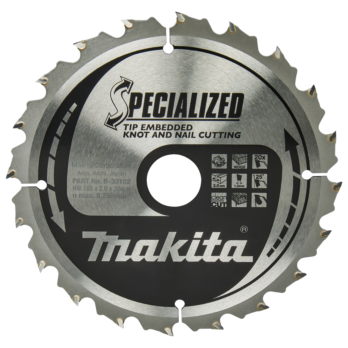 Makita B-33102 Cirkelzaagblad Hout (noest/spijker) | Embedded Tip | 185 x 30 mm | 20-tands