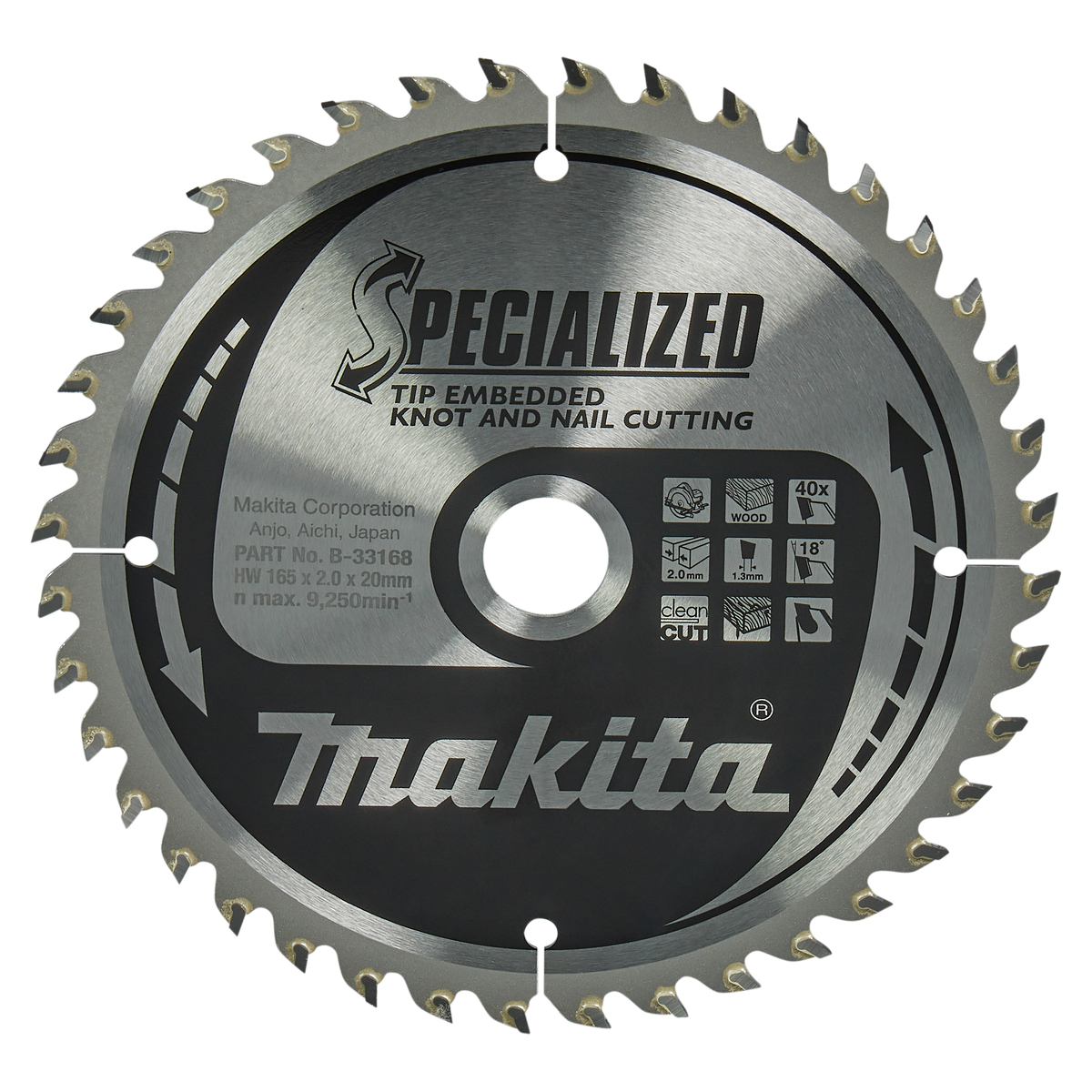 Makita B-33168 Cirkelzaagblad Hout (noest/spijker) | Embedded Tip | 165 x 20 mm | 40-tands