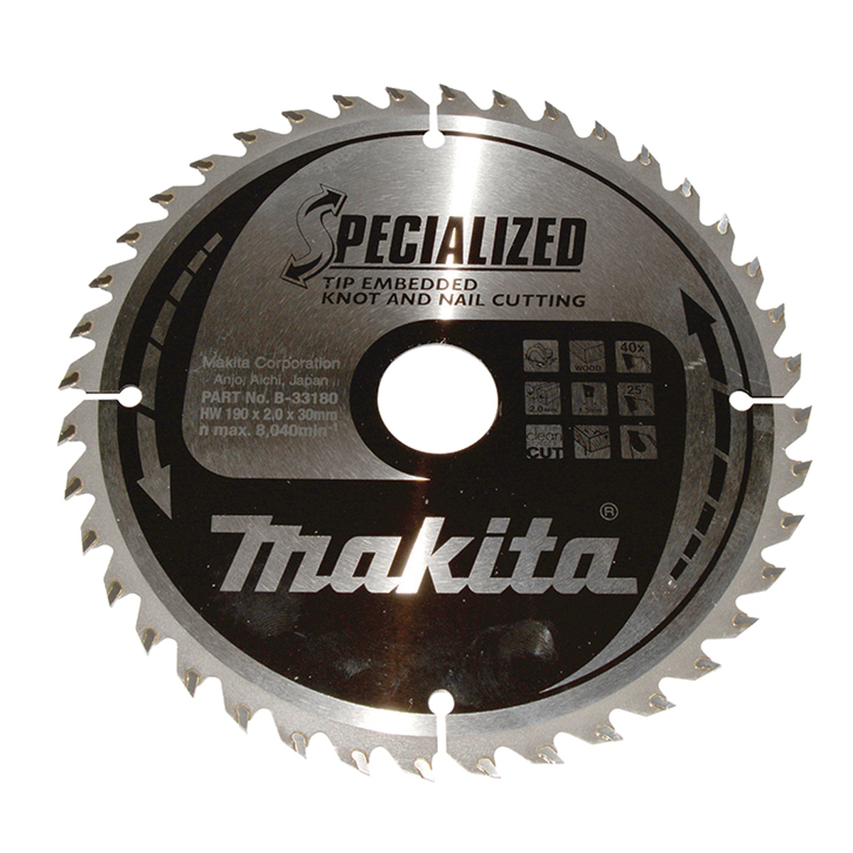 Makita B-33180 Cirkelzaagblad Hout (noest/spijker) | Embedded Tip | 190 x 30 mm | 40-tands