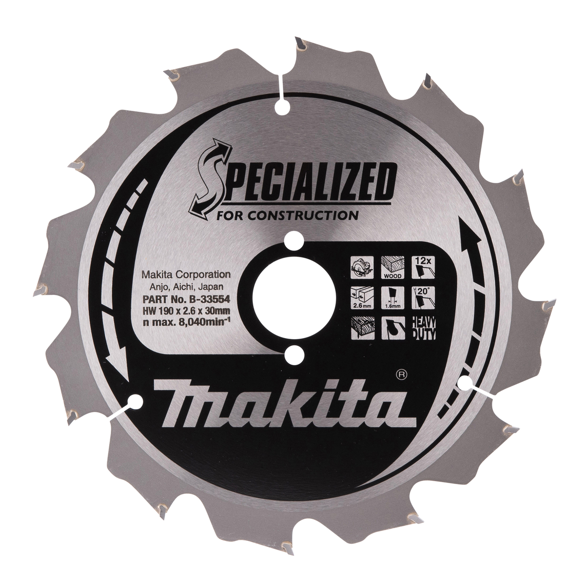 Makita B-33554 Cirkelzaagblad Hout (bouw/constructie) | Specialized | 190 x 30 mm | 12-tands