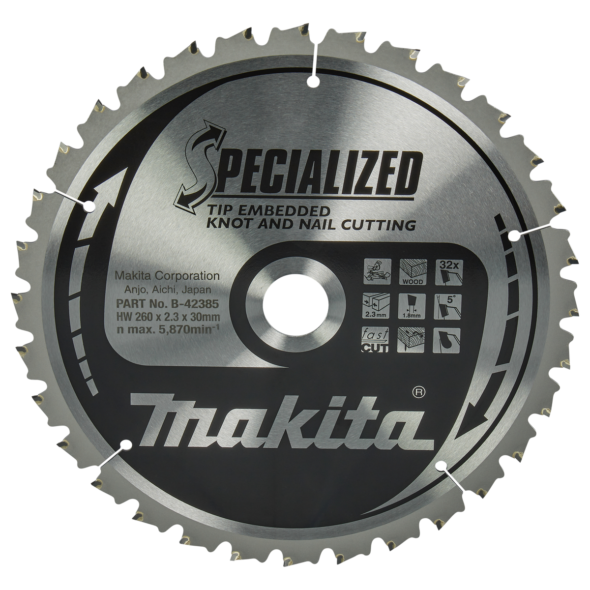 Makita B-42385 Afkortzaagblad Hout (noest/spijker) | Embedded Tip | 260 x 30 mm | 32-tands