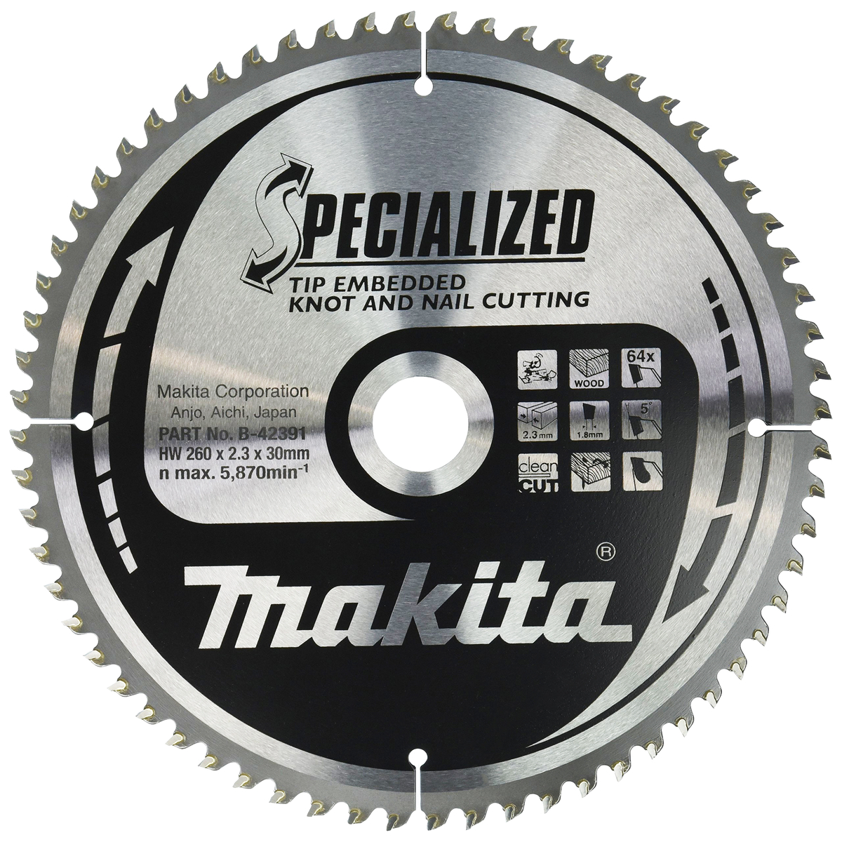 Makita B-42391 Afkortzaagblad Hout (noest/spijker) | Embedded Tip | 260 x 30 mm | 64-tands