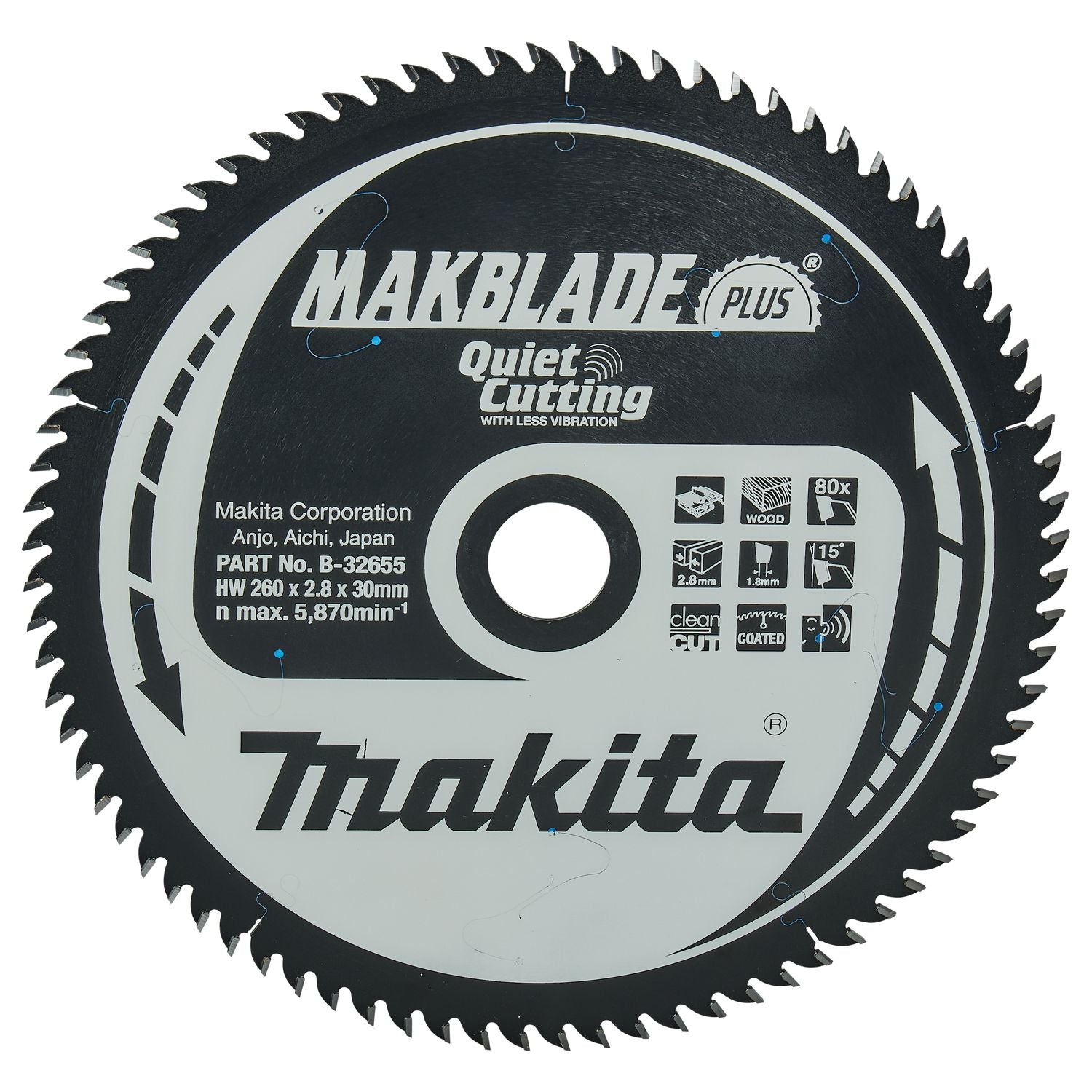 Makita Tafelzaagblad voor Hout | Makblade-Plus | Ø 260mm Asgat 30mm 80T - B-32655