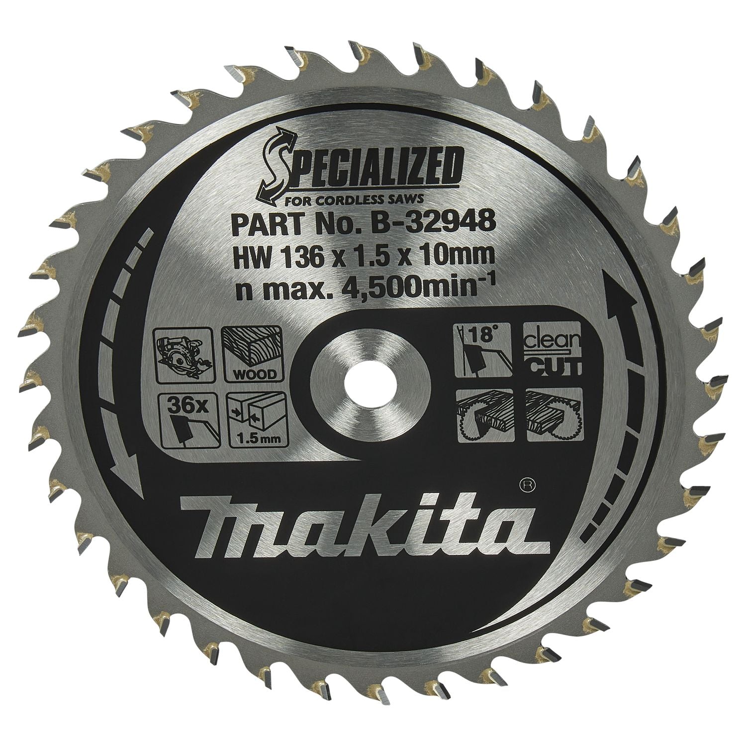 Makita Cirkelzaagblad voor Hout | Specialized: Accu | Ø 136mm Asgat 10mm 36T - B-32948