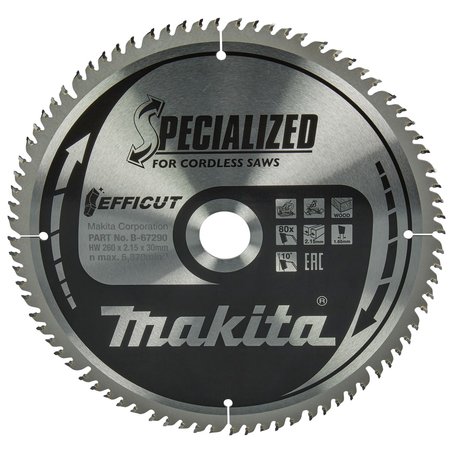 Makita Afkortzaagblad voor Hout | Efficut | Ø 260mm Asgat 30mm 80T - B-67290