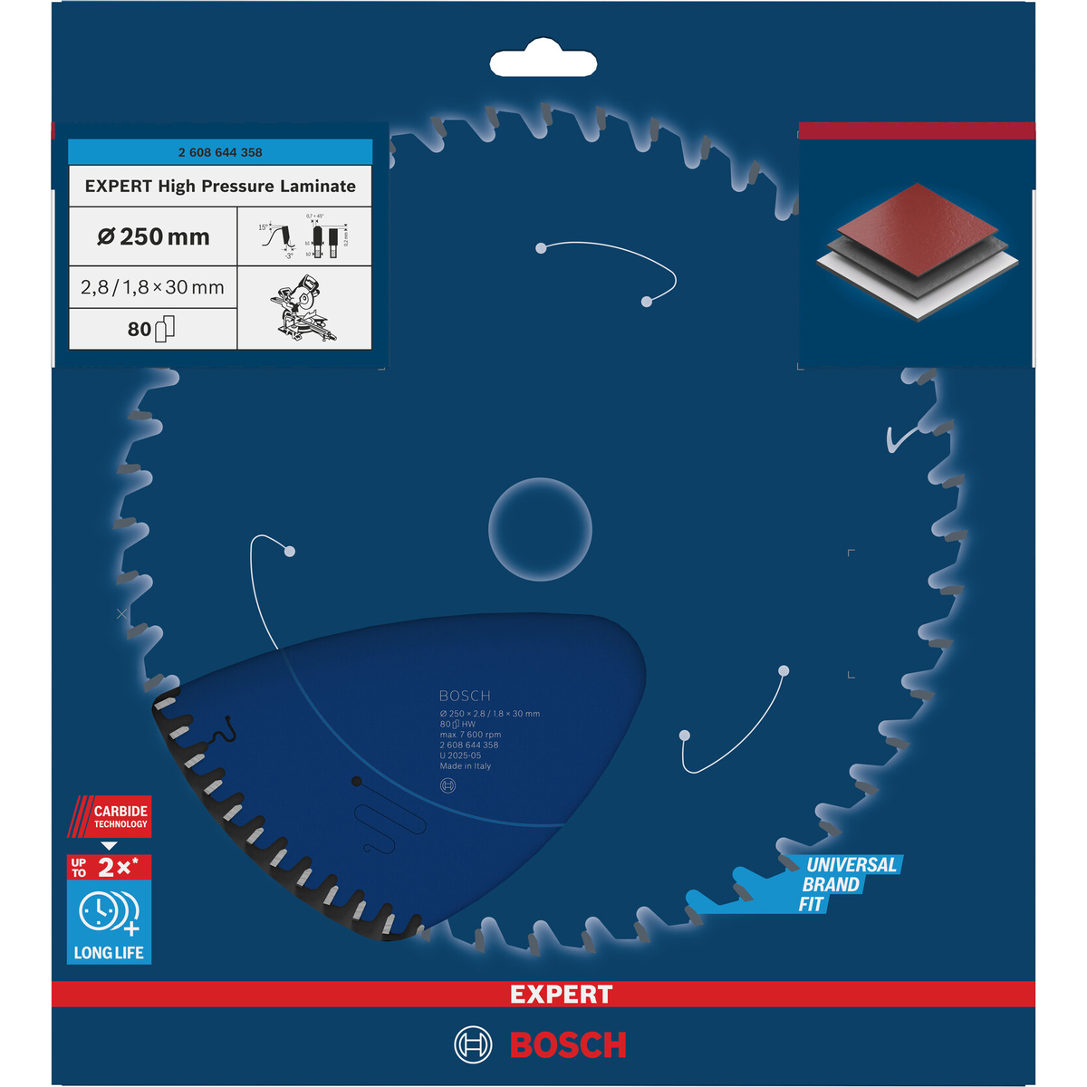 Bosch Professional EXPERT HPL cirkelzaagblad | 250 x 2,8 x 30 mm 80-tands - 2608644358