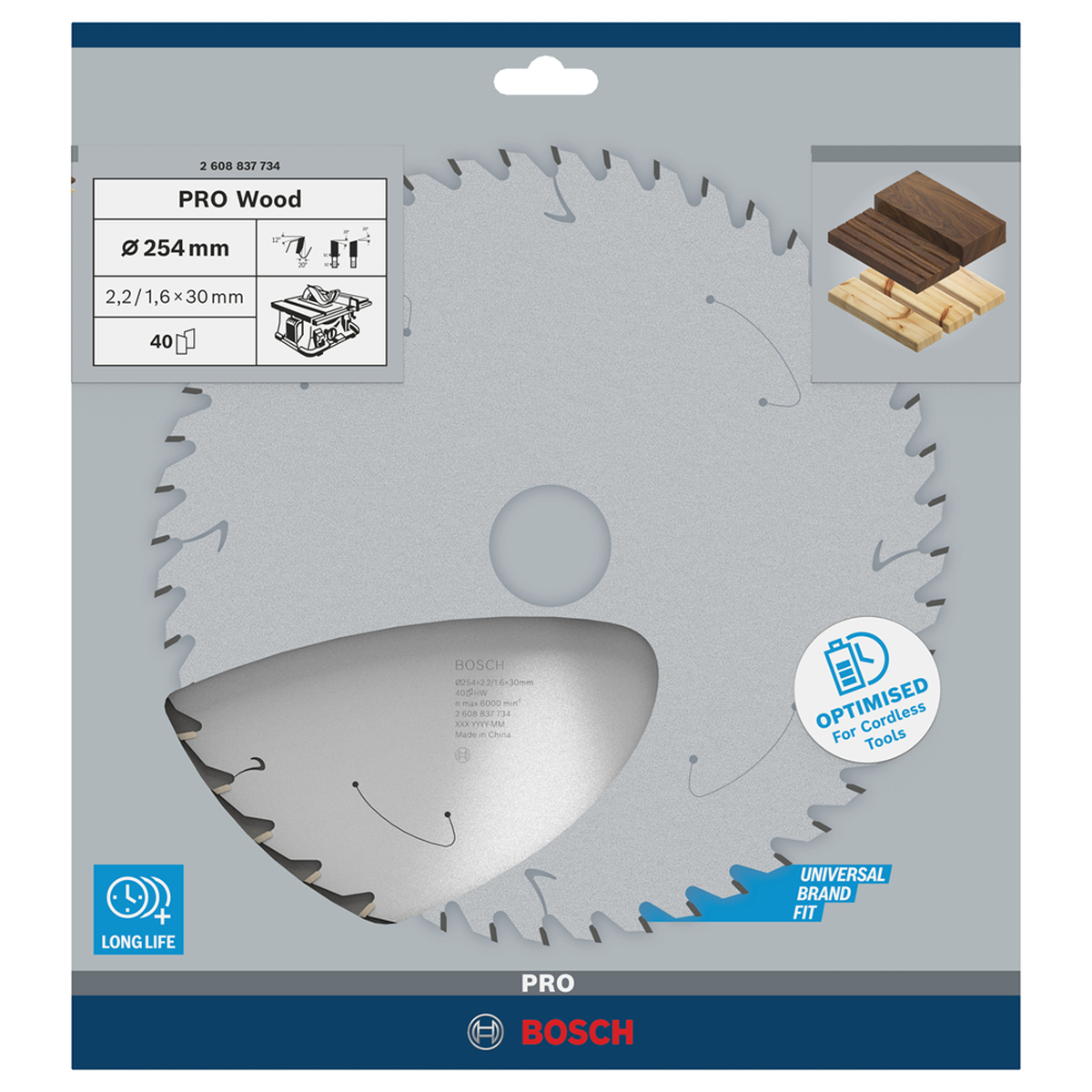 Bosch Professional PRO Wood cordless cirkelzaagblad | 254 x 2,2 x 30 mm 40-tands - 2608837734