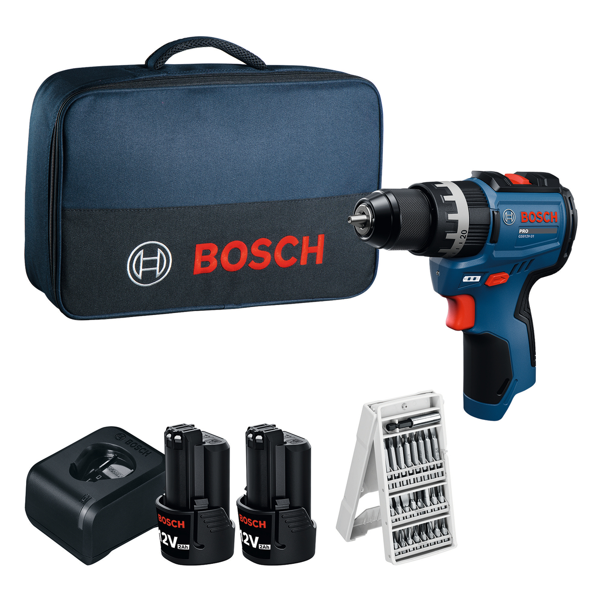 Bosch Blauw GSB 12V-31 Accu klopboorschroefmachine 12V | 2x GBA 12V 2,0Ah + GAL 12V-20 + 25-delige bitset | In tas - 06019S6103