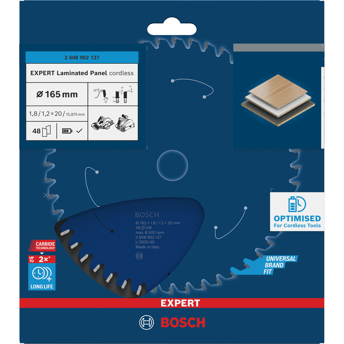 Bosch Professional EXPERT gelamineerde panelen cordless cirkelzaagblad | 165 x 1,8 x 20 mm 48-tands - 2608902127