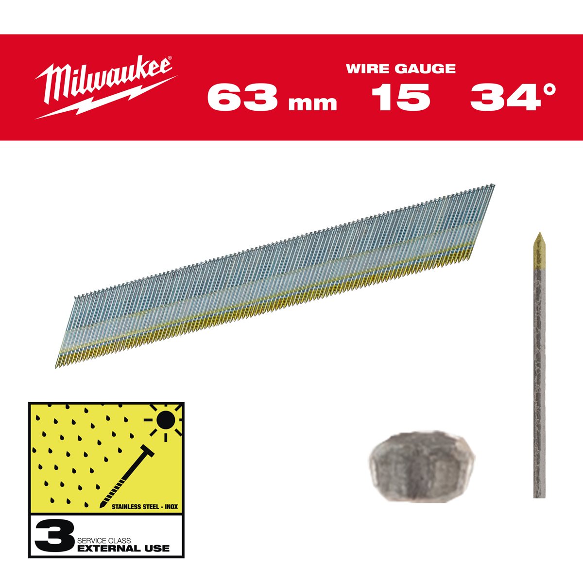 Milwaukee Nagels 15 Ga | 34° | 63mm | RVS | VE=2200 - 4932492581 afbeelding