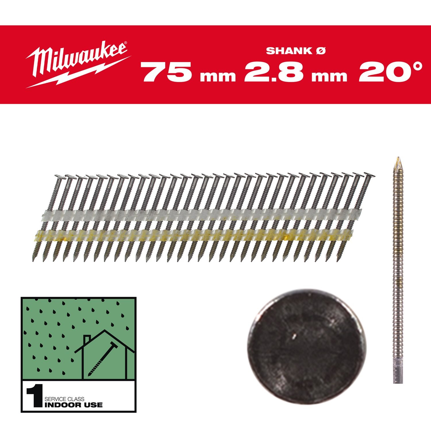 Milwaukee Rondkopnagels 20° 75 x 2,8mm | ring schacht | gegalvaniseerd VE=2000 - 4932492588