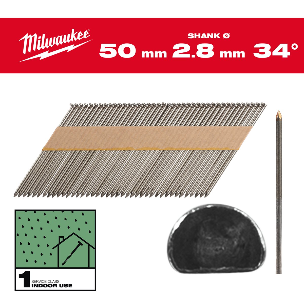 Milwaukee Nagels D-kop 34° 50mm | Gladde Schacht | Blank | VE=2200 - 4932492595