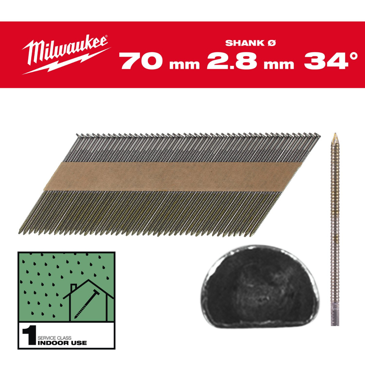 Milwaukee Nagels D-kop 34° 70mm | Ring Schacht | Blank | VE=2200 - 4932492601
