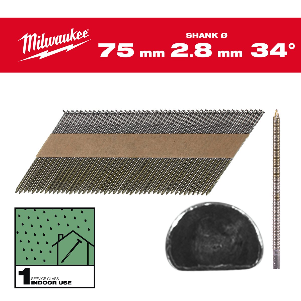 Milwaukee Nagels D-kop 34° 75mm | Ring Schacht | Blank | VE=2200 - 4932492602