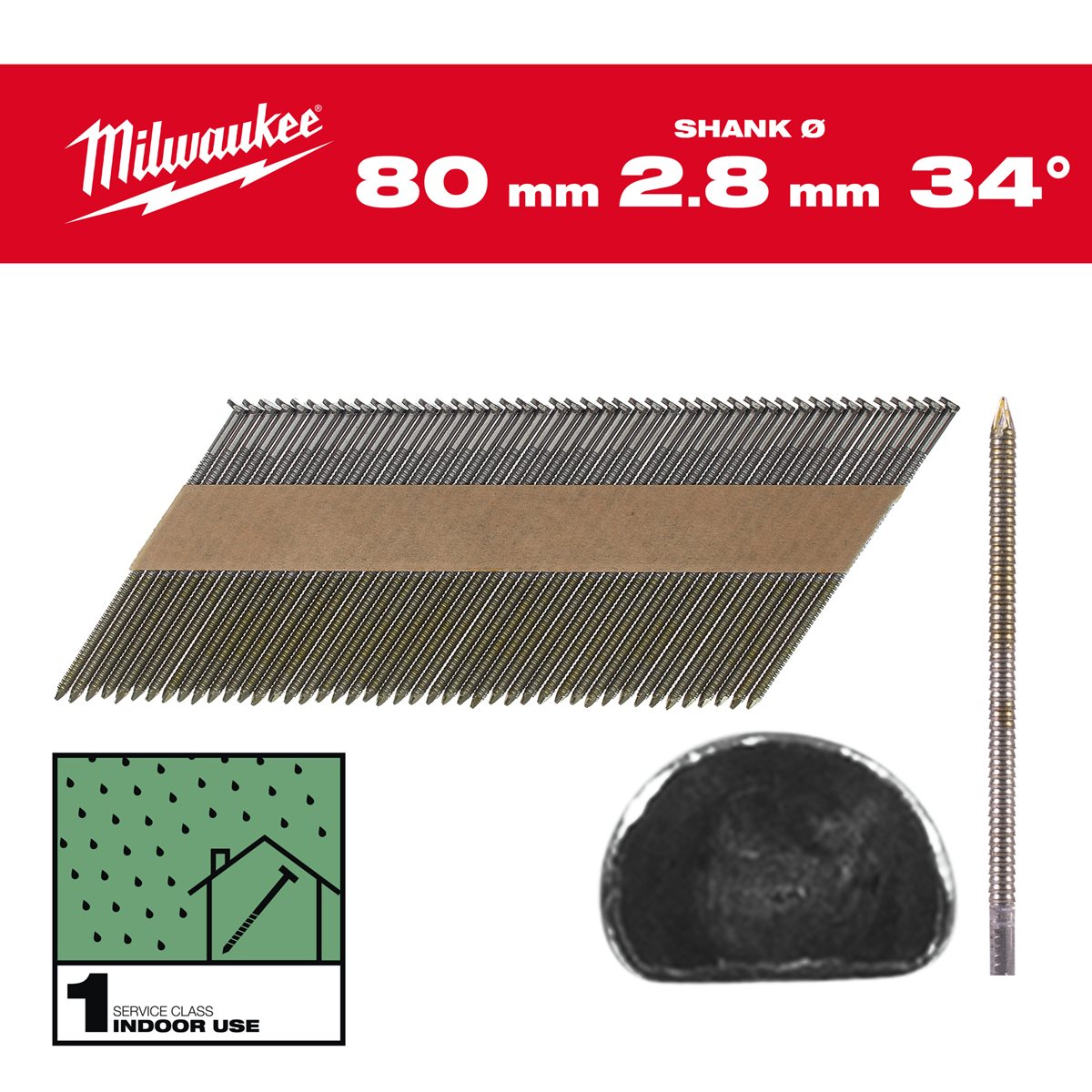Milwaukee Nagels D-kop 34° 80mm | Ring Schacht | Blank | VE=2200 - 4932492603
