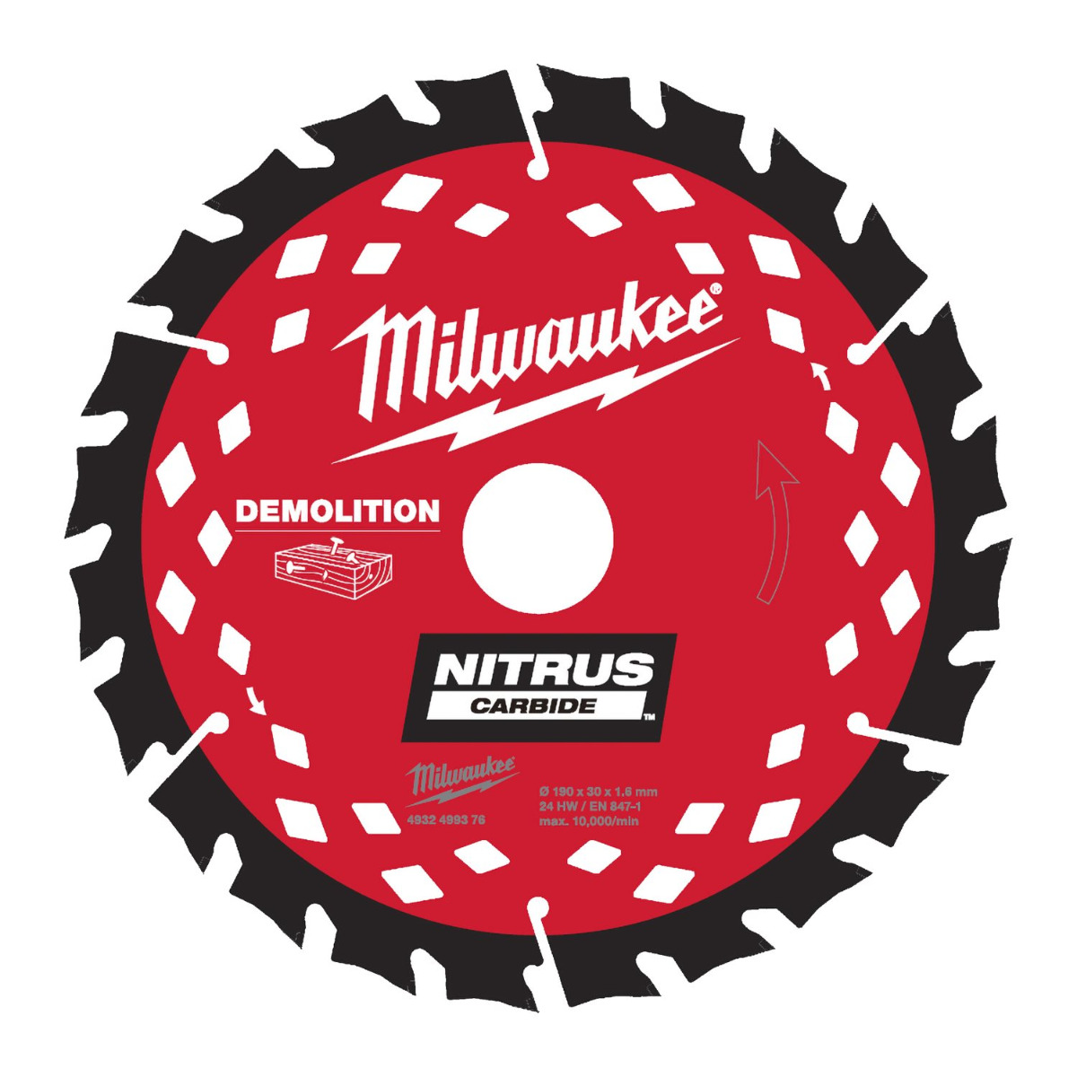 Milwaukee Cirkelzaagblad voor hout met spijkers | NITRUS | Ø 190mm Asgat 30mm 24T - 4932499376