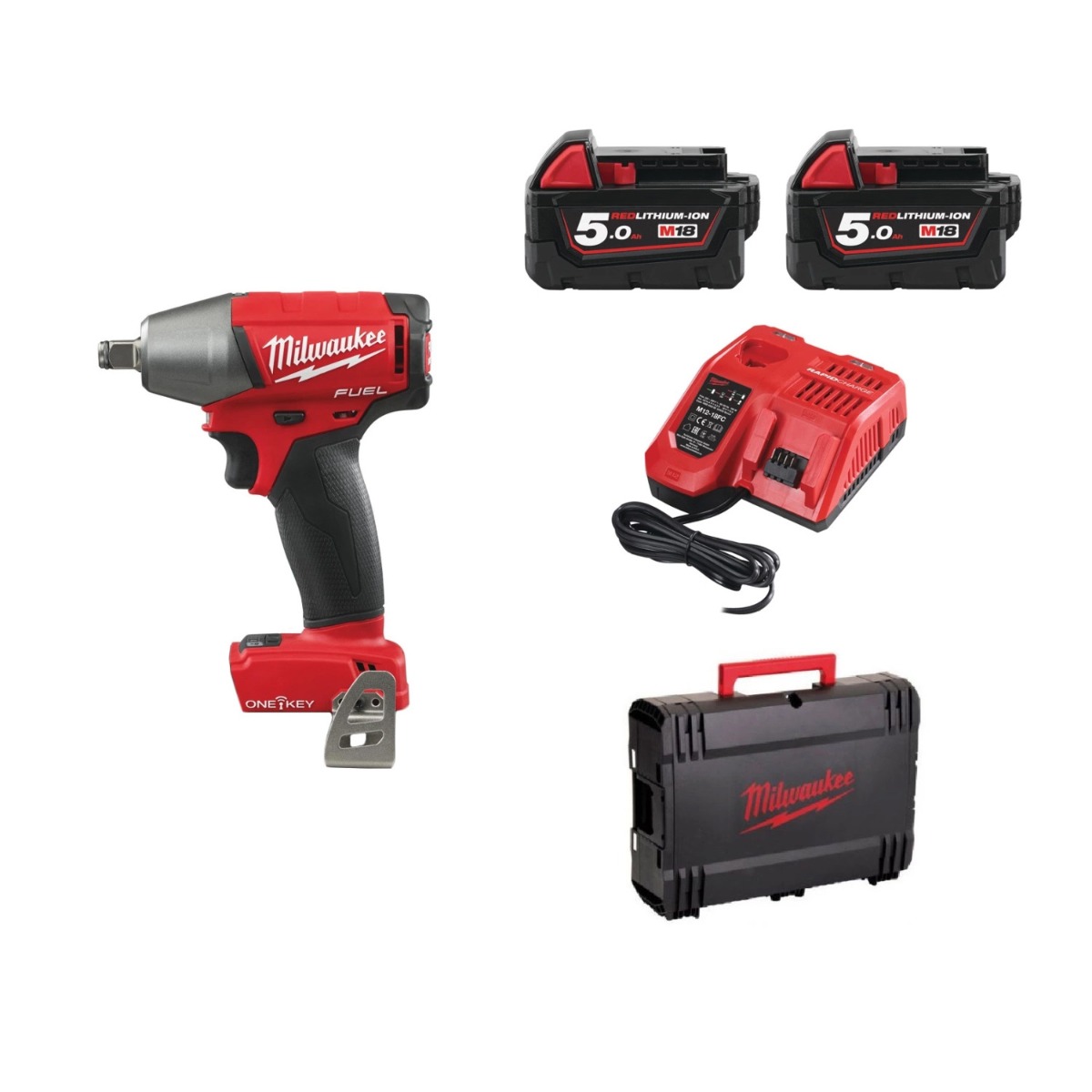 Milwaukee M18 FUEL™ ONEIWF12-502X ONE-KEY™ Accu slagmoersleutel 300Nm 1/2" frictiering 18V 5.0Ah in HD-Box - 4933451374