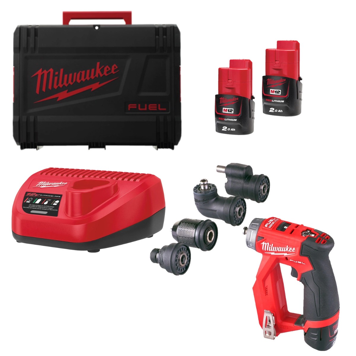 Milwaukee M12 FUEL™ FDDXKIT-202X Accu instalatieboor-/schroefmachine + 4x hulpstukken 12V 2.0Ah in HD-Box - 4933464979