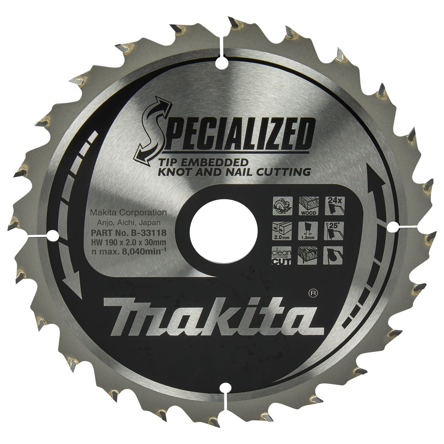 Makita Cirkelzaagblad voor Hout | Specialized: Noest/Spijker | Ø 190mm Asgat 30mm 24T - B-33118 afbeelding 1