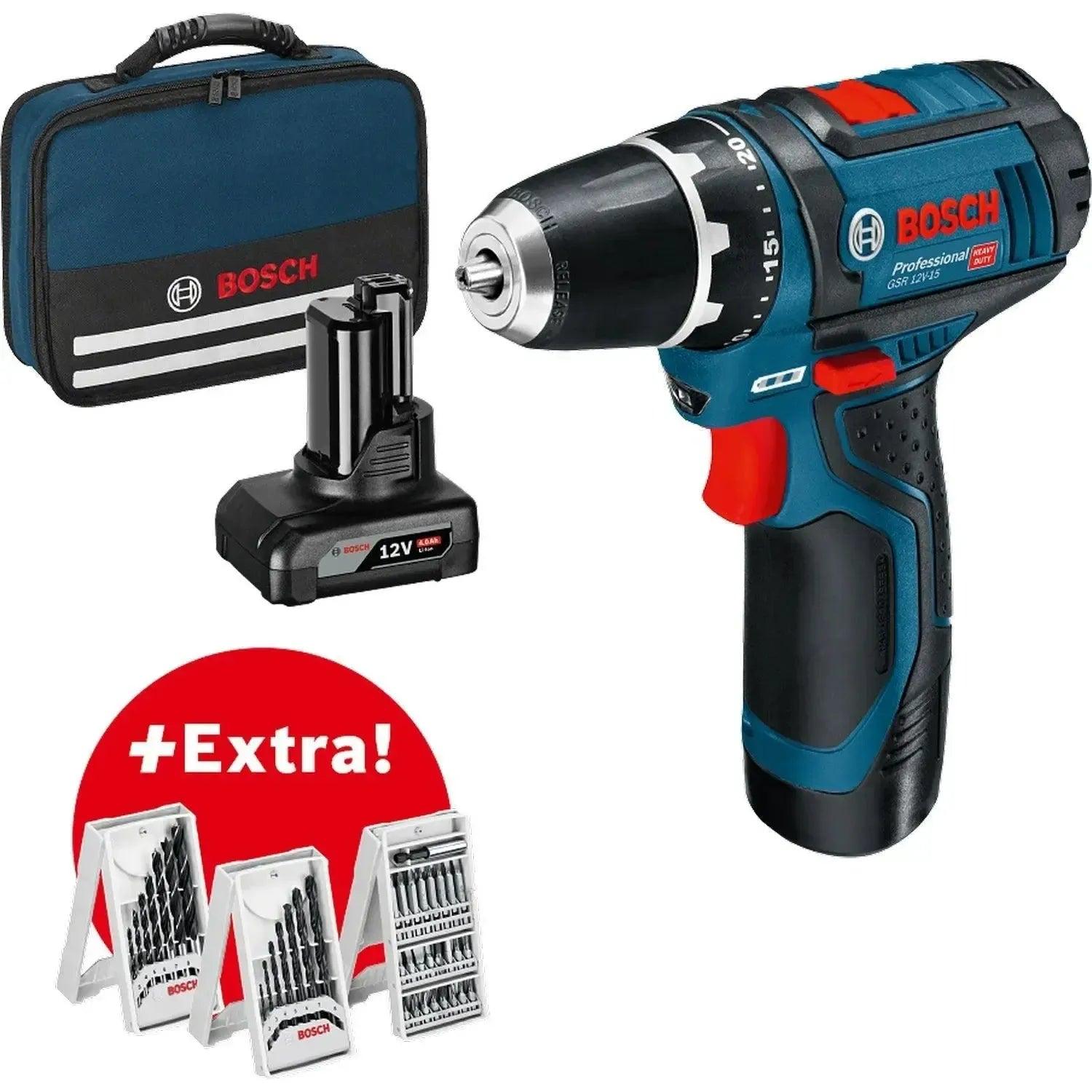 Bosch Professional GSR 12V-15 Accu Schroefboormachine 12V 2.0/4.0Ah + 39-delige accessoireset in Tas - 0615990G6L afbeelding 1