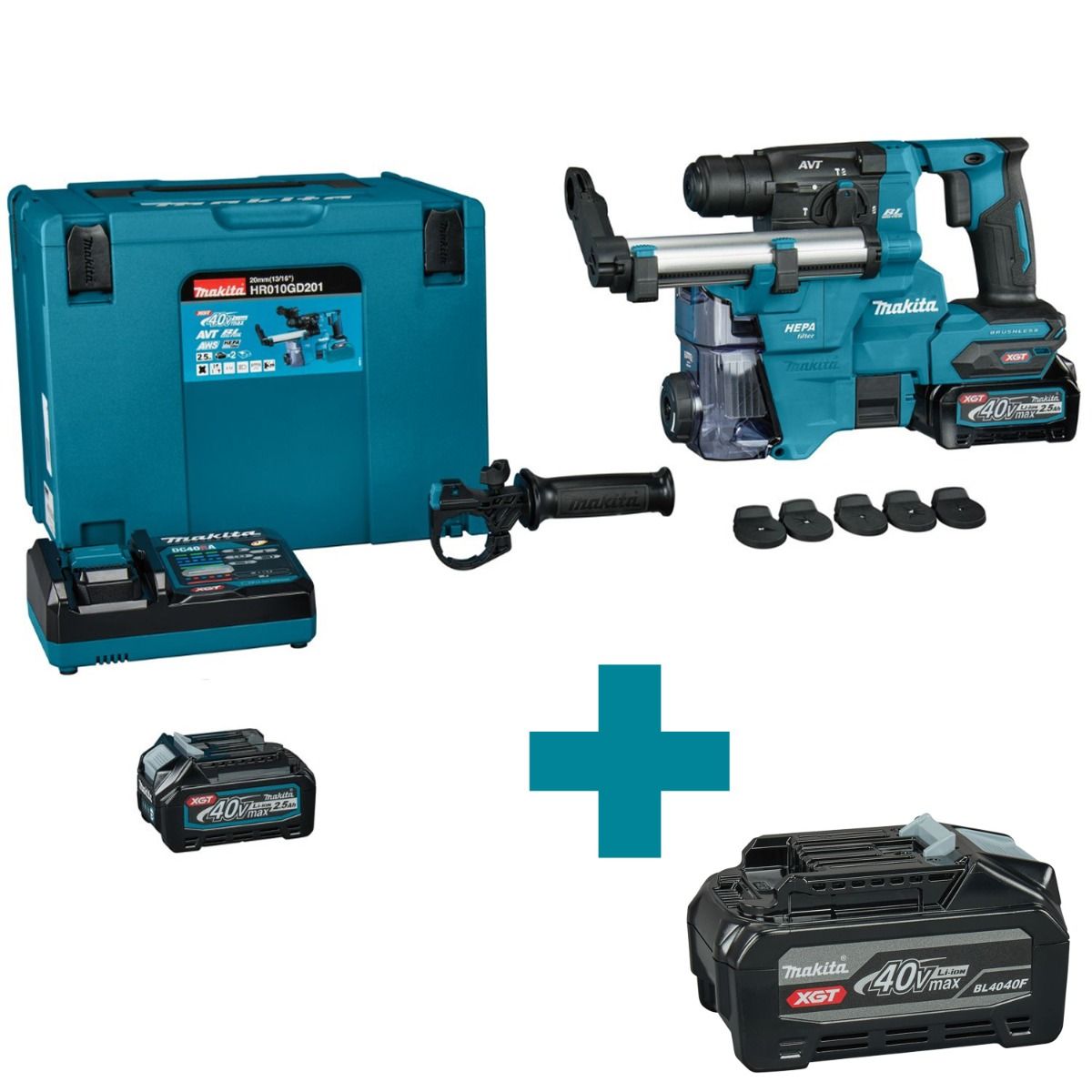 Makita HR010GD201 Accu combihamer SDS-Plus 2,1J + stofafzuiging XGT 40V Max 2.5Ah in Mbox