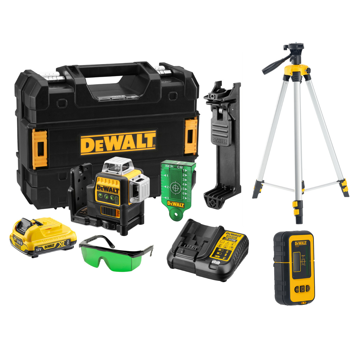 DeWALT DCE089D1GTRID Zelfnivellerende accu kruislijnlaser 3x 360˚ groen + Statief DE0881T + Detector DE0892G 12V XR 2.0Ah in TSTAK