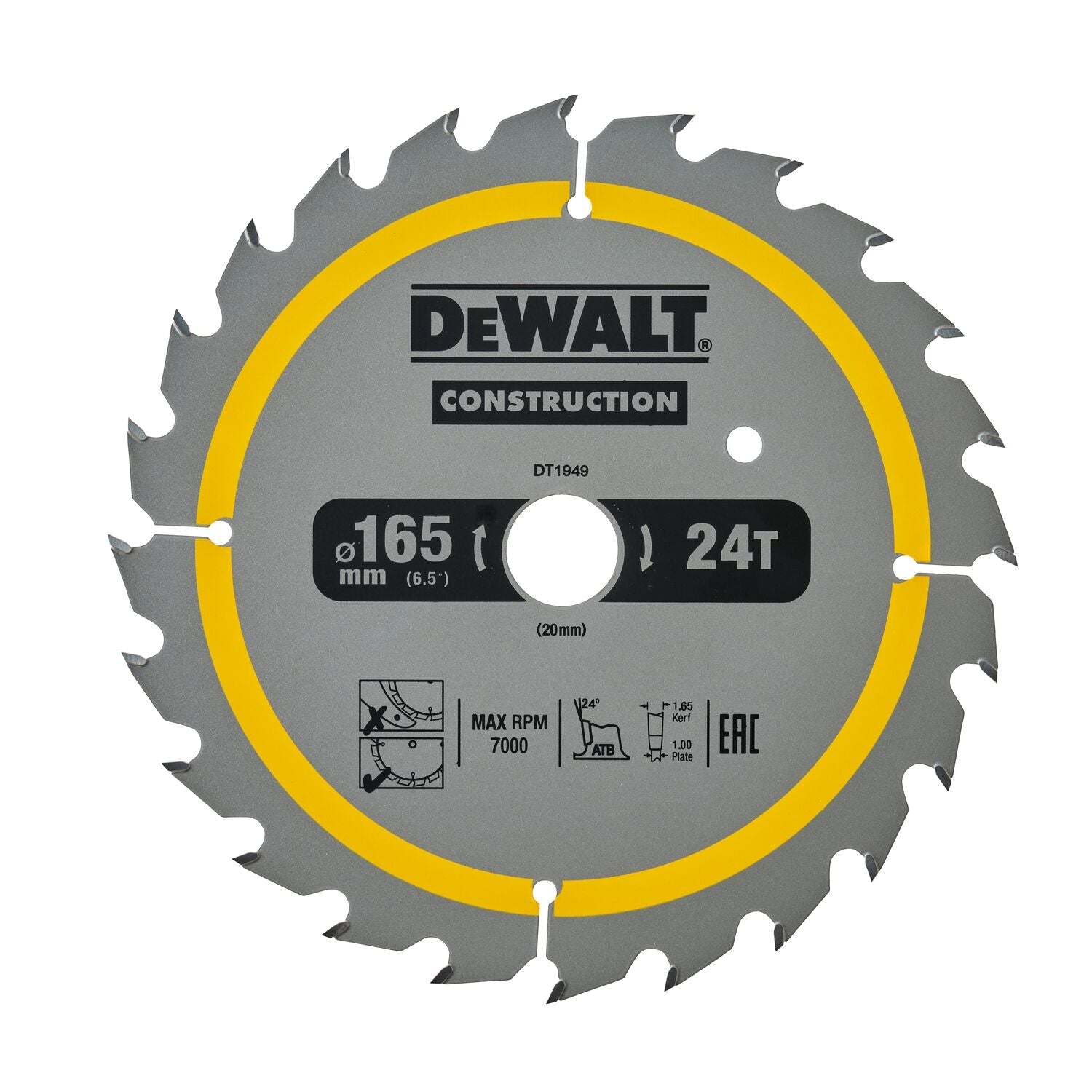 DeWALT Cirkelzaagblad voor Hout | Construction | Ø 165mm Asgat 20mm 24T - DT1949-QZ
