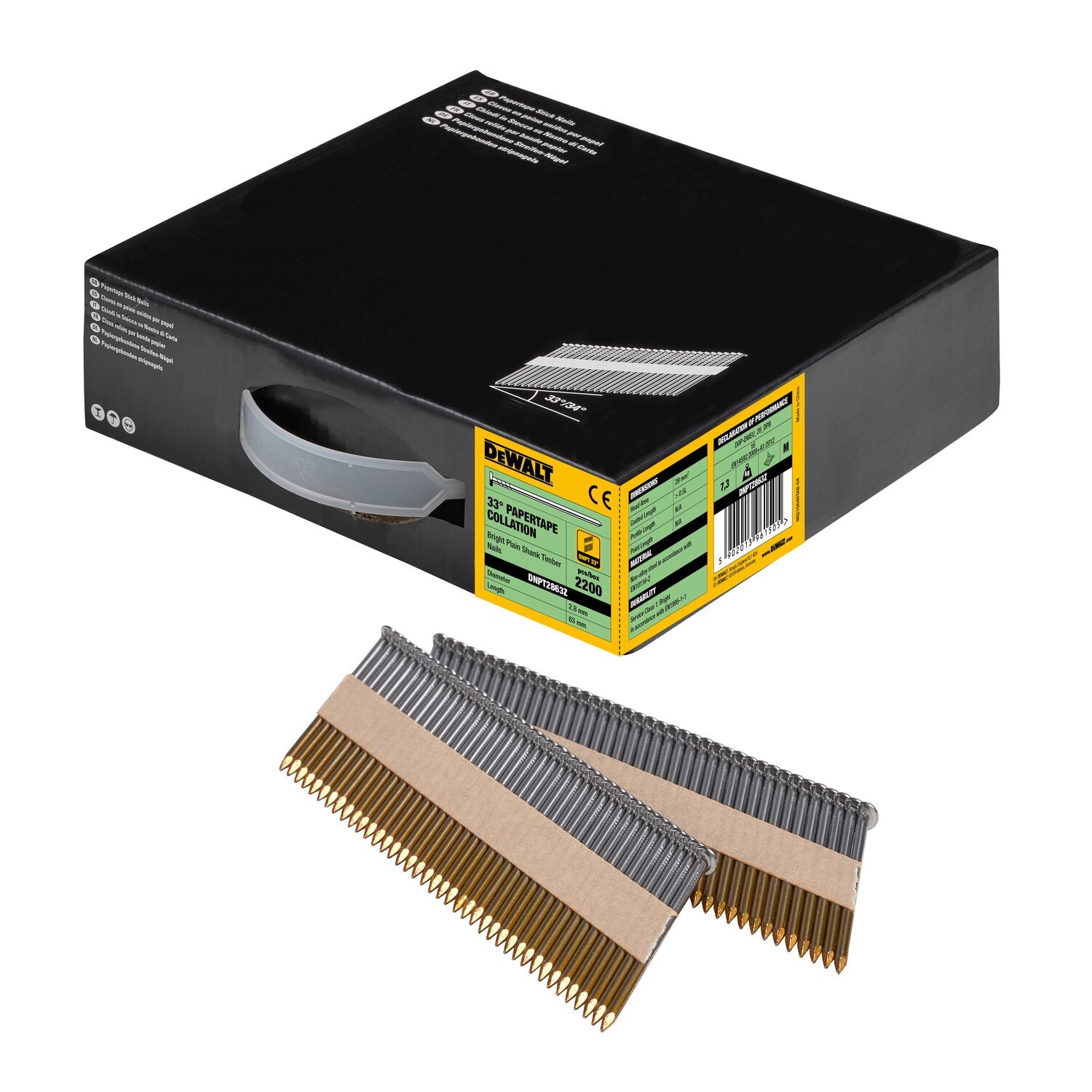 DeWALT DNPT2863Z 33º Papiergebonden Spijkers 2.8x63mm Helder / Recht VE=2200 afbeelding 1