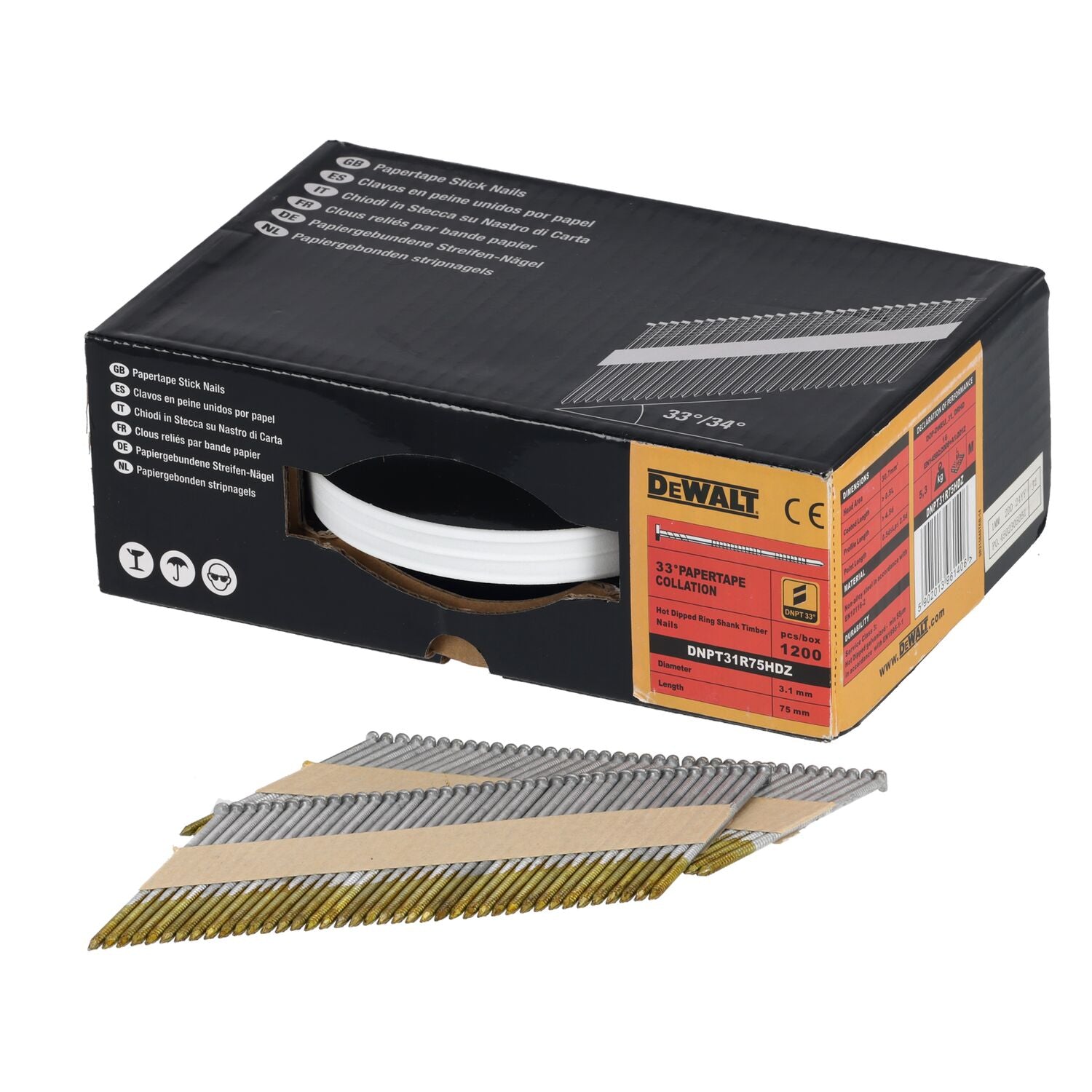 DeWALT DNPT31R75HDZ 33º Papiergebonden Spijkers 3.1x75mm Thermisch verzinkt / Geringd VE=1200 afbeelding 1