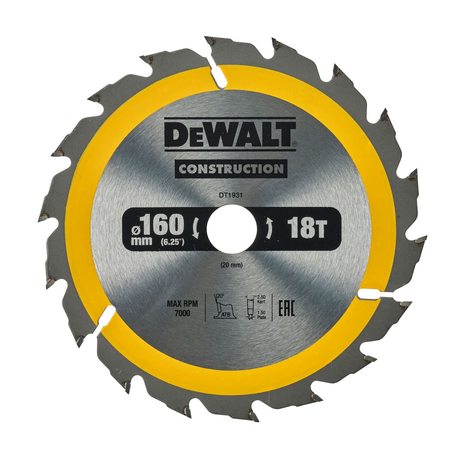 DeWALT Cirkelzaagblad voor Hout | Construction | Ø 160mm Asgat 20mm 18T - DT1931-QZ