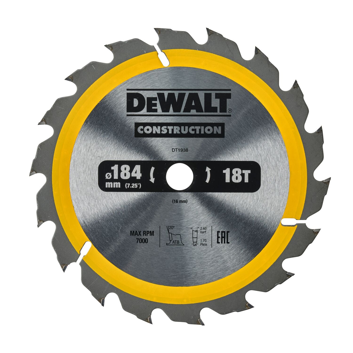 DeWALT Cirkelzaagblad voor Hout | Construction | Ø 184mm Asgat 16mm 18T - DT1938-QZ