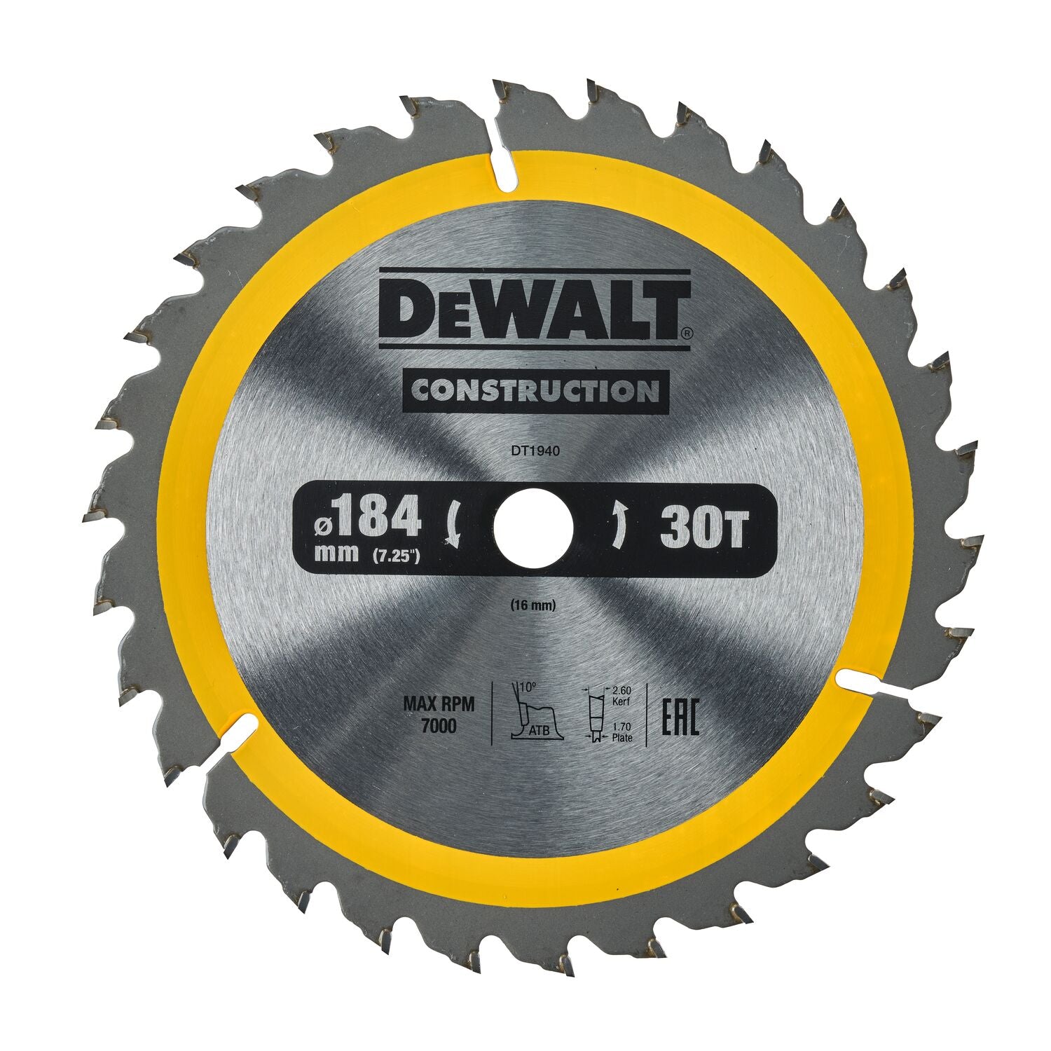 DeWALT Cirkelzaagblad voor Hout | Construction | Ø 184mm Asgat 16mm 30T - DT1940-QZ