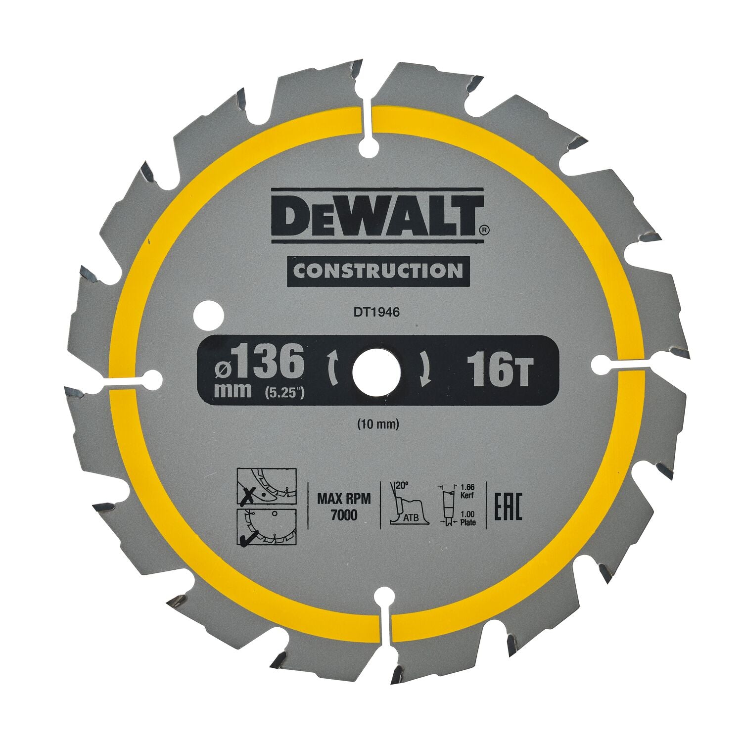 DeWALT Cirkelzaagblad voor Hout | Construction | Ø 136mm Asgat 10mm 16T - DT1946-QZ
