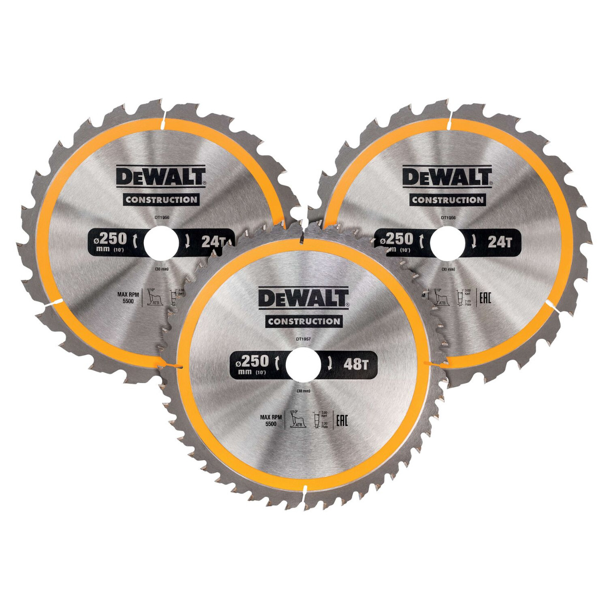 DeWALT DT1963 Cirkelzaagbladen Set 250mm (2X 24T 1X 48T)