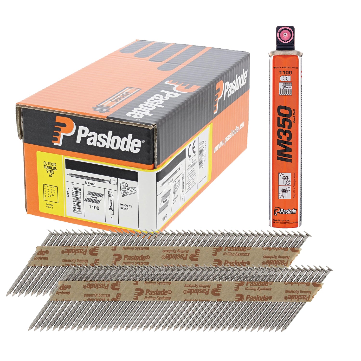 Paslode 34° Papier Gebonden Stripnagels IM350 | D-Kop | 2,8x51 mm | Inox A2 | Ring | +1x Gas VE=1100 - 141257
