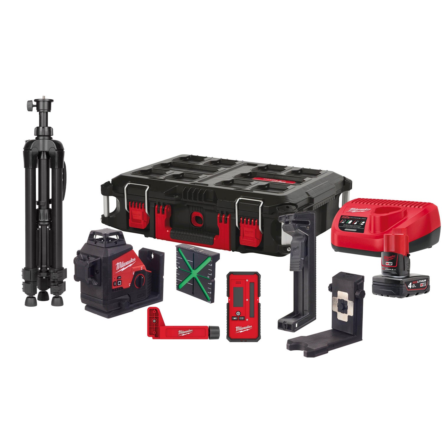 Milwaukee M12 3PLKIT-401P Accu kruislijnlaser 3x360° groen + laserdetector + statief 12V 4.0Ah in koffer - 4933478960