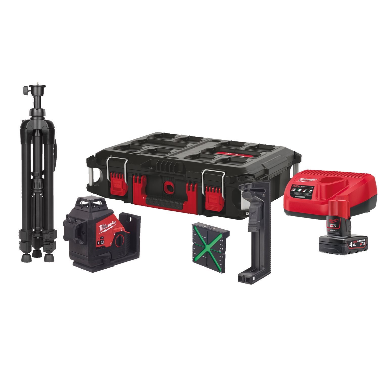 Milwaukee M12 3PLSKIT-401P Accu kruislijnlaser 3x360° groen + statief 12V 4.0Ah in PACKOUT™ - 4933499379 afbeelding 1