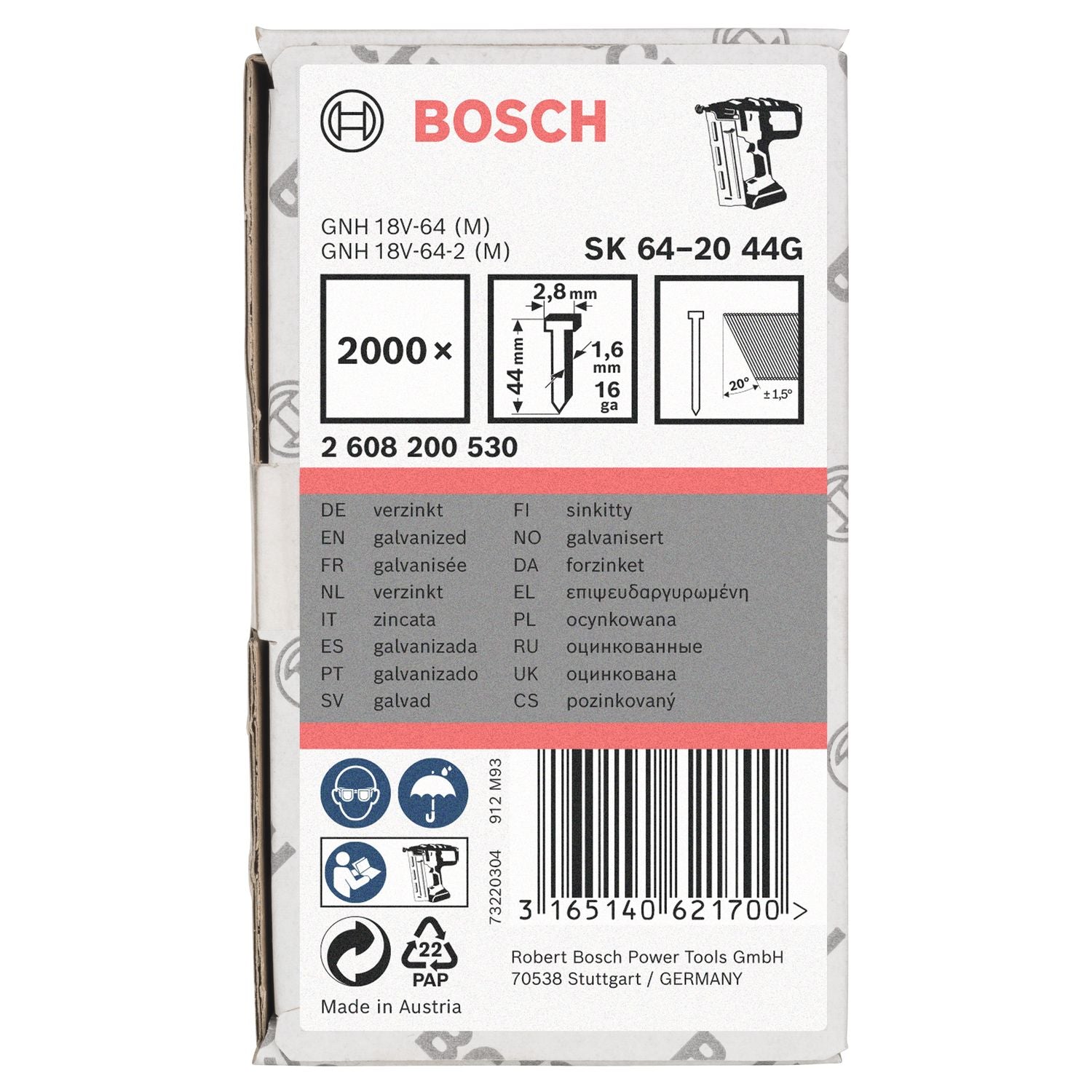 Bosch Professional Afwerknagel verzinkt 44mm 20° 16Ga VE=2000 - 2608200530