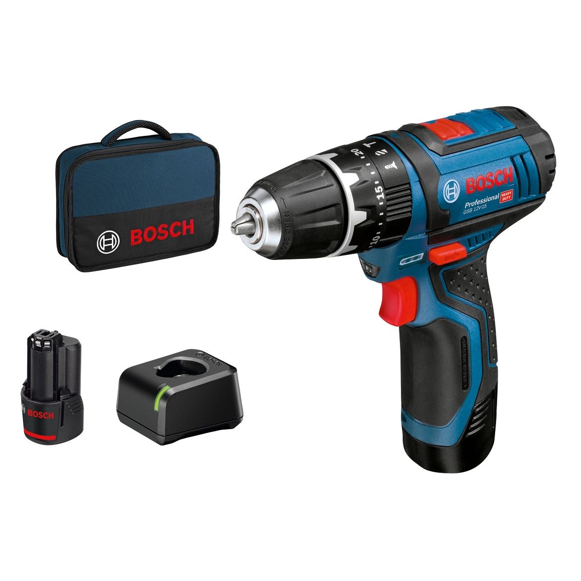 Bosch Professional GSB 12V-15 – Set met 2× 2,0 Ah in etui