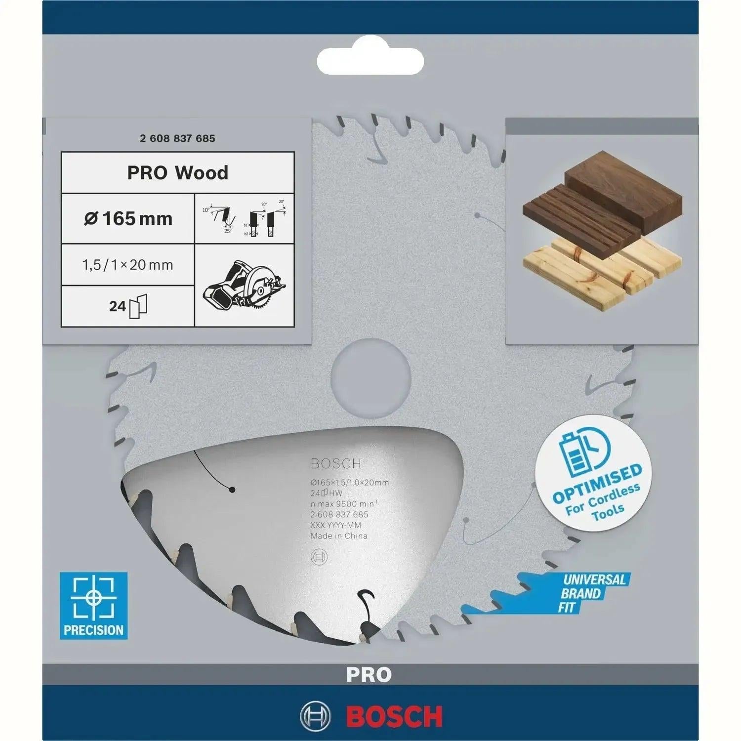 Bosch Professional Cirkelzaagblad PRO Wood Cordless | Ø 165 x 1,5 x 20mm 24T - 2608837685