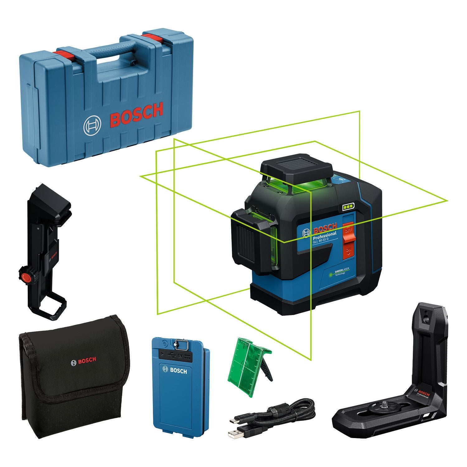 Bosch Professional GLL 80-33 G Kruislijnlaser groen 3x360° 3.7V 3.0Ah in koffer - 0601065501