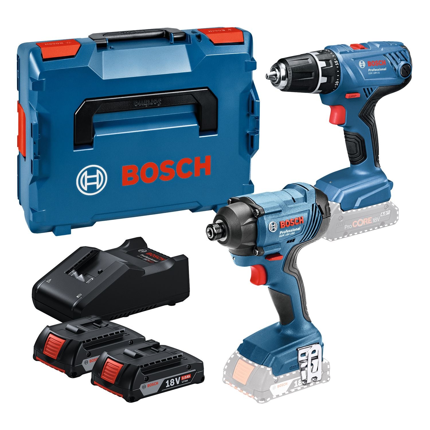 Bosch Professional Accu Combiset 2-delig (GDR 18V-160 + GSR 18V-21) 18V 2.0Ah in L-Boxx - 06019G5101 afbeelding 1