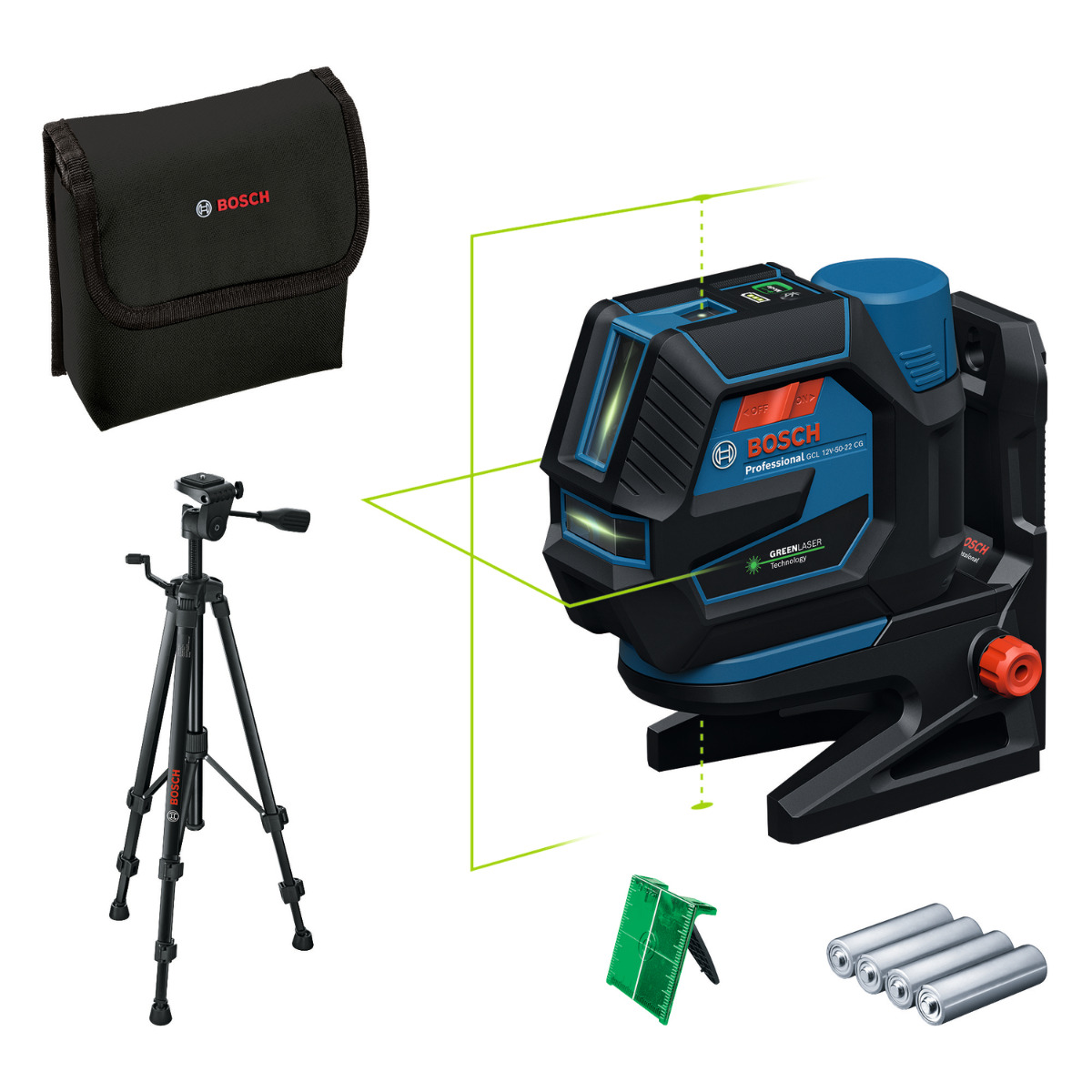 Bosch Professional GCL 12V-50-22 CG Punt- en kruislijnlaser groen + BT 150 statief 12V Basic Body met batterijhouder - 0601066S01
