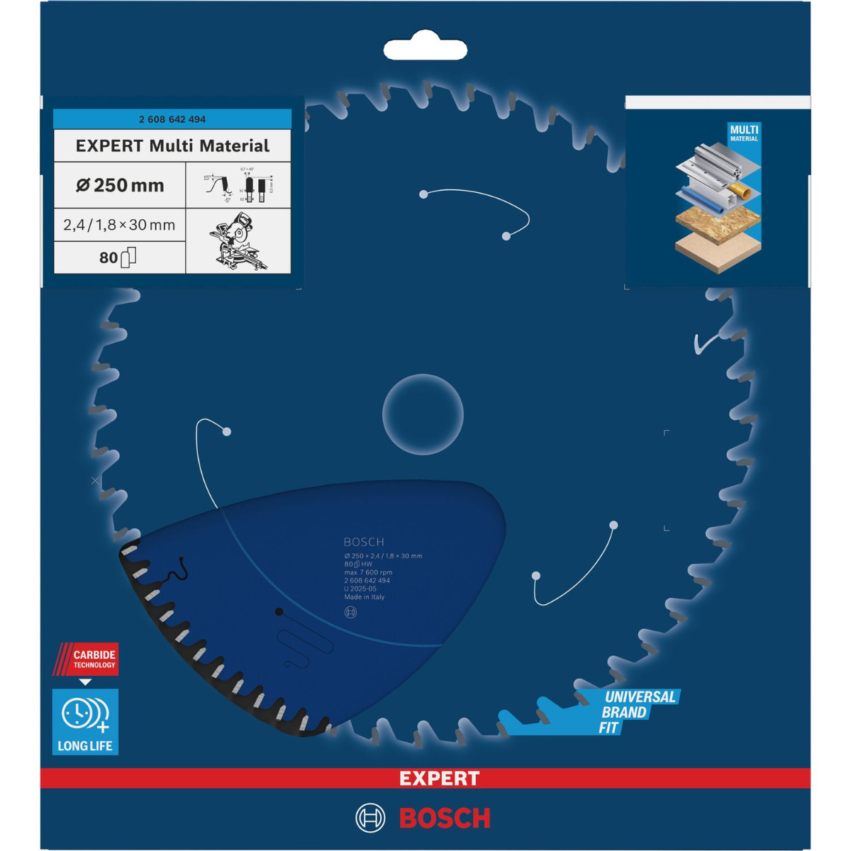 Bosch Professional Cirkelzaagblad EXPERT Multi Material | Ø 250 x 2,4 x 30mm 80T - 2608642494