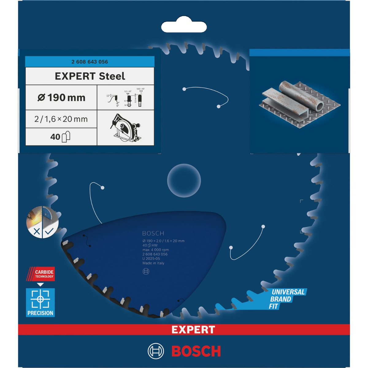 Bosch Professional Cirkelzaagblad EXPERT Steel | Ø 190 x 2,0 x 20mm 40T - 2608643056
