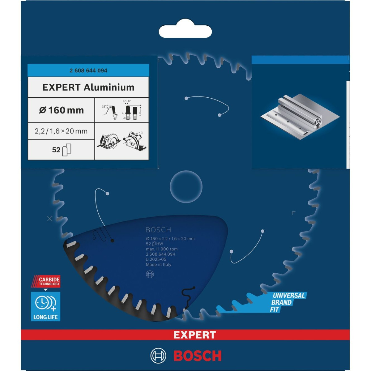 Bosch Professional Cirkelzaagblad EXPERT Aluminium | Ø 160 x 2,2 x 20mm 52T - 2608644094